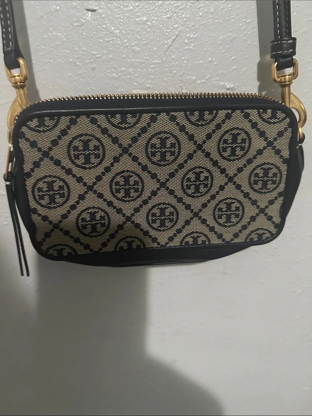 Tory Burch Black and Beige Jacquard Crossbody Camera Bag